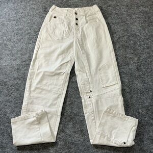 Handcrafted Hargan Denim Cream Utility Cargo Jeans Designer Boutique Button Fly